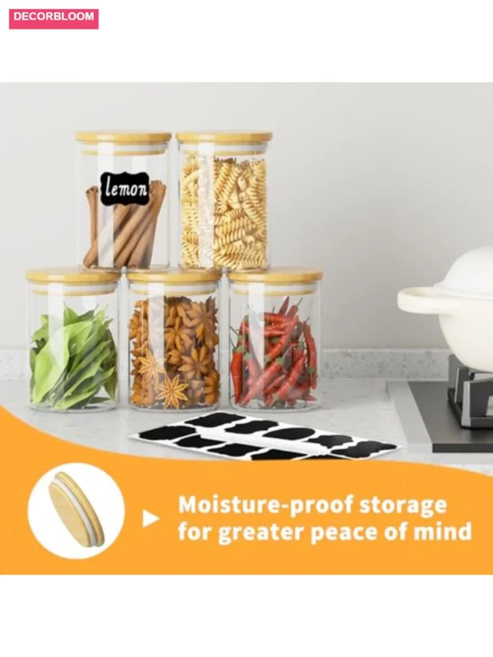 6 Pcs 18oz Glass Storage Jars with Airtight Bamboo Lids Labels
